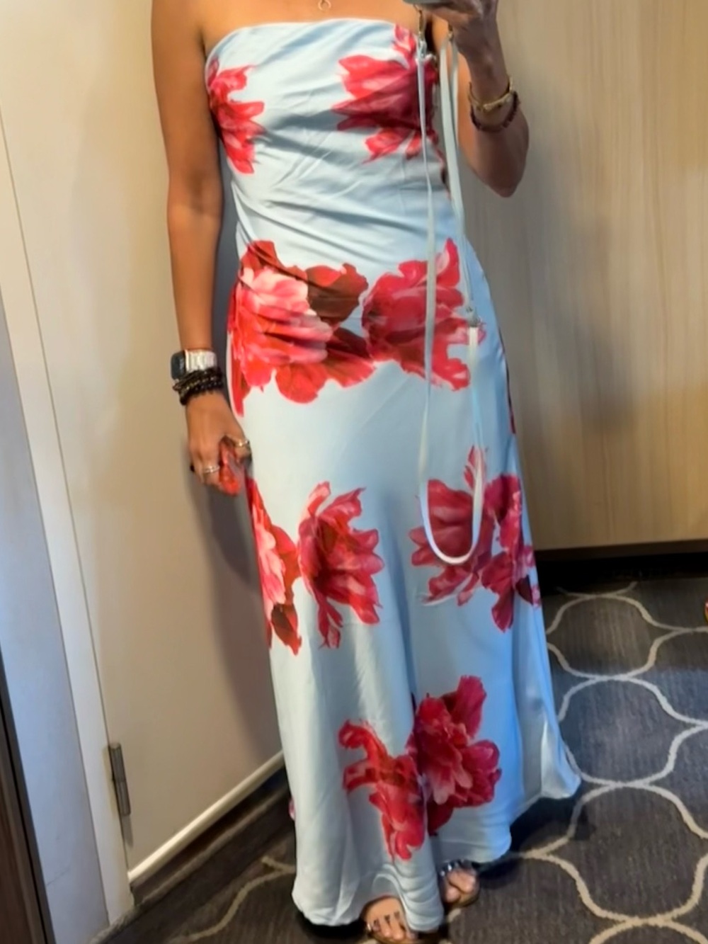 Strapless Light Blue Maxi Dress with Pink Floral Print